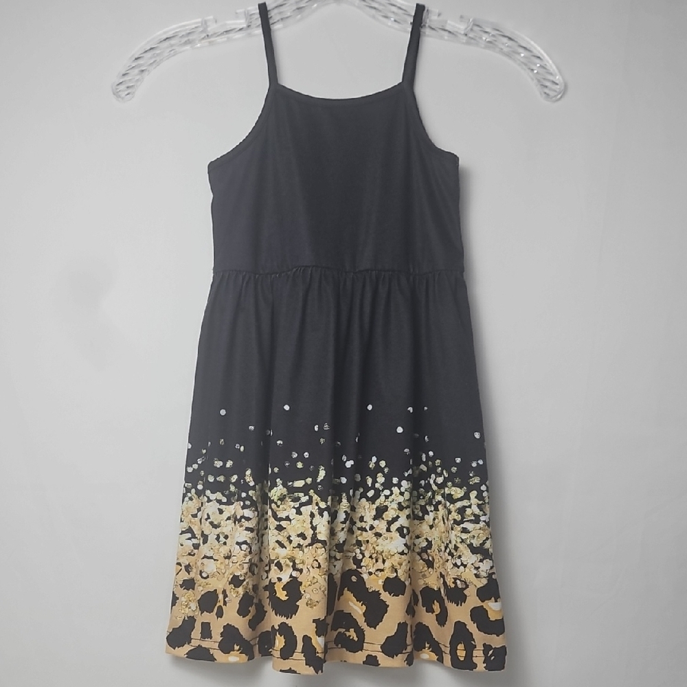 SHEIN Girls Size 5Y Sleeveless Thin Strap Dress Black Top Leopard Print Skirt T7